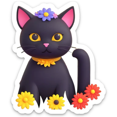 A black cat with a flower on its head in a field of flowers, monochromatic sticker
