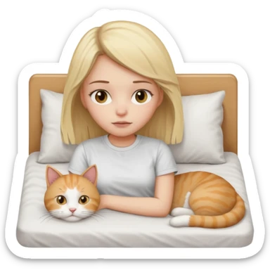 They recreate a photo of a blonde girl with light brown eyes, lying in bed sick with the flu, with her cat nearby. sticker