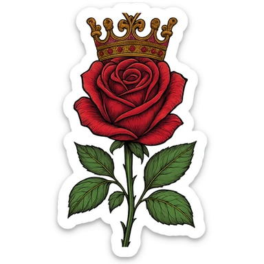a single rose wearing a crown, stylized, elegant and regal, detailed, vibrant colors sticker