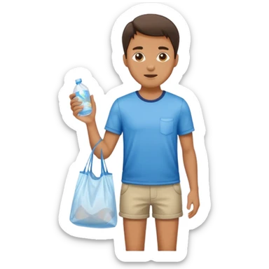 Man standing with shorts and a plastic bag sticker