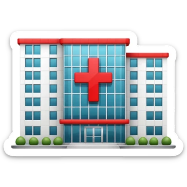 A hospital building with a red +. In PNG format. sticker