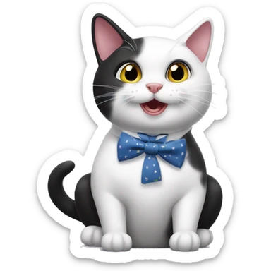 a silly black and white cat, female, with a silly bowtie, crunching some treats sticker