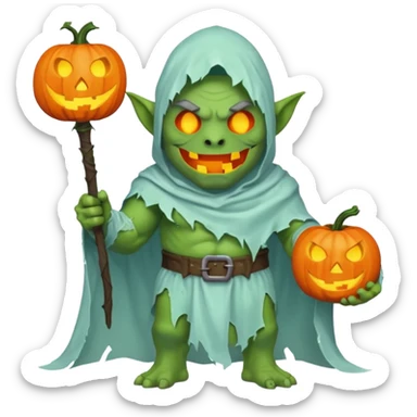male orc ghost emoji, green skin, tusks, wearing torn white ghost sheet costume, holding glowing jack-o'-lantern, faint blue aura, friendly but spooky expression, Halloween fantasy theme, Apple emoji style, clean white background, square sticker