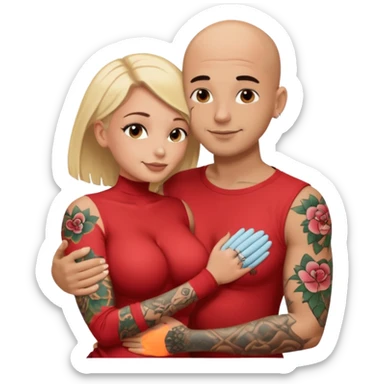 throuple tattooed sleeves bbald male with topless naked big boobed brunette and topless naked big boobed blonde girlfriends  loving  and sexy polygamy sticker