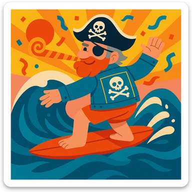 Change the surfer's hair to grey, keep all other details the same, in a style suitable for editing. sticker