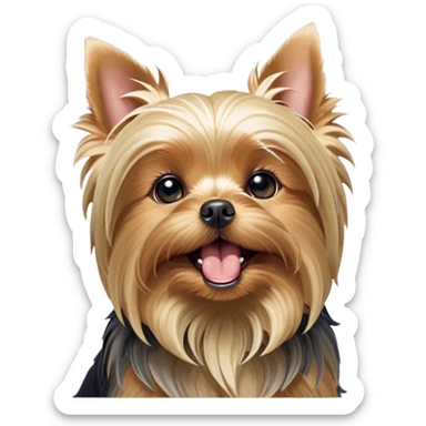 Cinematic Cute Yawning Yorkshire Terrier Portrait Emoji, Head tilted with a playful, drowsy expression and droopy, adorable eyes, featuring a soft, well-groomed fur in rich hues, simplified yet irresistibly endearing, highly detailed, glowing with a warm, cozy radiance, high shine, exuding a relaxed yet spunky charm, styled with a gentle, soft glowing outline, capturing the essence of a Yorkshire Terrier mid-yawn that seems as if it could cuddle right off the screen! sticker