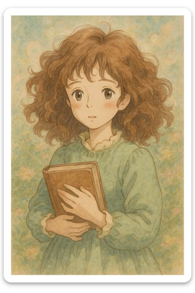 girl with brown curly hair and a book, ghibli style sticker