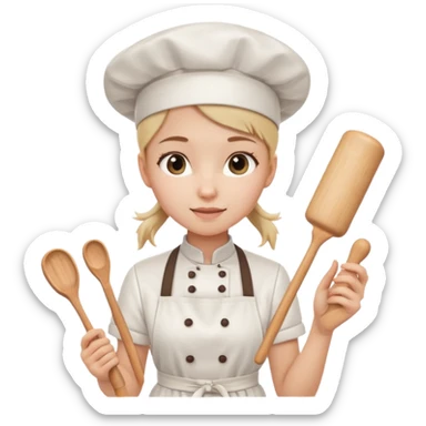 Young female pastry chef - single ponytail, apron, wearing a white hat, holding a rolling pin sticker