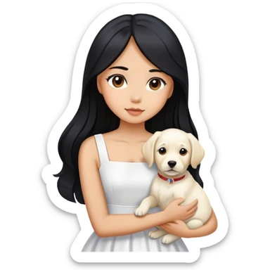 A beautiful girl with long black hair and a white dress is holding a white Labrador sticker