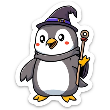 a penguin wizard with a staff and hat next to a small dragon sticker