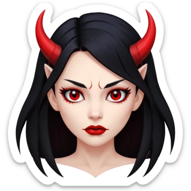 Head demon girl, strong pronounced cheekbones, sharp angular jawline, skin red everywhere, long straight sleek black hair, small horns sticker