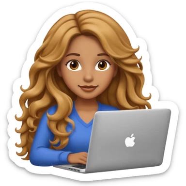 Pretty girl with long, light golden brown wavy hair, Latina, with a laptop, AI-generated emoji. sticker