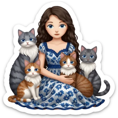 detailed realistic looking a dark grey and white cat regally sitting with six other cats, cuddling with their owner who is a pretty bratz lightly tanned white girl with long dark brown hair, blue eyes and gorgeous long wavy hair wearing a pretty detailed dress sticker
