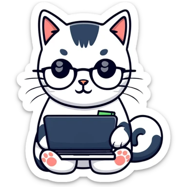 cat with glasses and a computer in its paws sticker