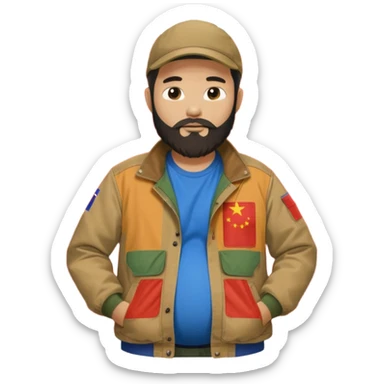 Bearded man rubbing pregnant belly poking out of a chinese flag shirt wearing a tan canvas carhartt jacket sticker