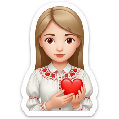 Ukrainian girl in a white embroidered shirt holds a heart in her hand sticker