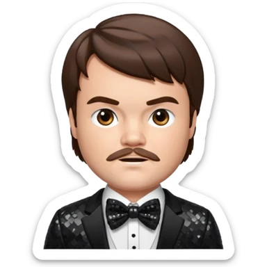 Jack Black with brown hair, black sequin suit with bow tie sticker