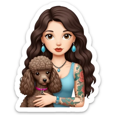 à beatiful long hair brunette with tattoos and a poodle dog sticker