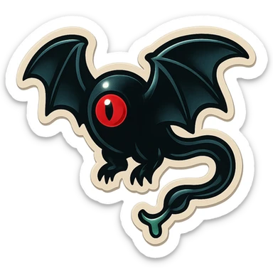an all black bat-like creature. One cyclopian red eye in its face. no visible mouth or ears. has a long tale with a stinger that drips green poison sticker