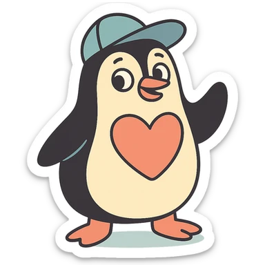 penguin wearing a baseball cap with a big heart-shaped patch on its chest in pastel-toon style sticker