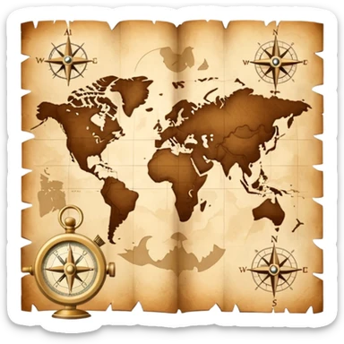 Brown golden map with Travel compass pointing to adventure sticker