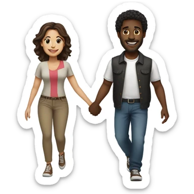 A black man  with medium hair and a Latina woman with  brown hair holding hands and walking side by side, smiling and enjoying their time together sticker