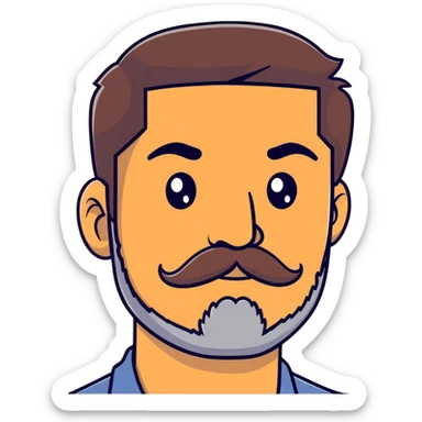 close-up of man face only with mustache and beard, medium eyes, medium light skin tone, dark hair, no neck visible, just the face sticker