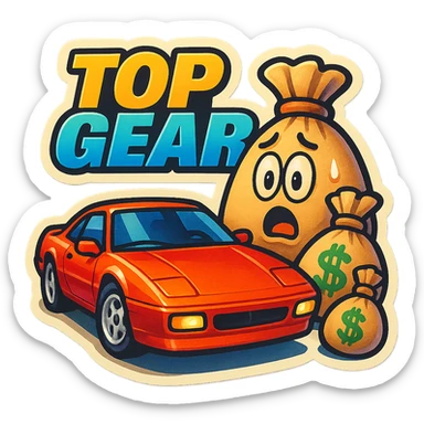 Top Gear sticker with a car and money bags, surprised theme, vivid and eye-catching sticker