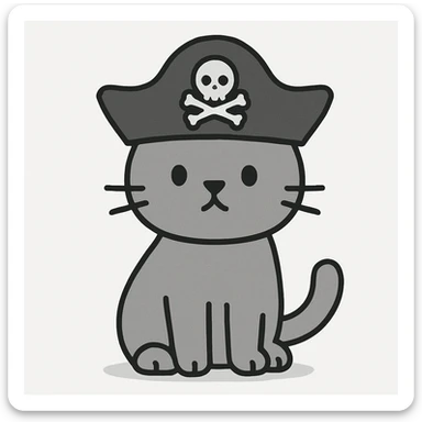 minimal and simple cat with a pirate hat, flat gray style, clean lines, solid flat colors, minimalistic design sticker