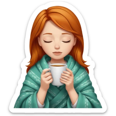 girl with ginger hair inside a blanket sipping coffee eyes closed sticker