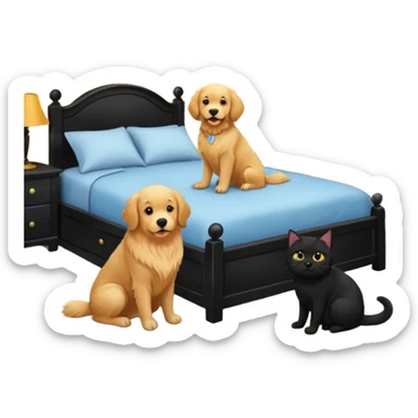 golden retriever and black cat in a bedroom sticker