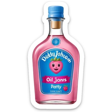bottle of oil blue top pink outside with logo that says Diddy Party oil Johnson and Johnson  brand with a smiling berry on top sticker