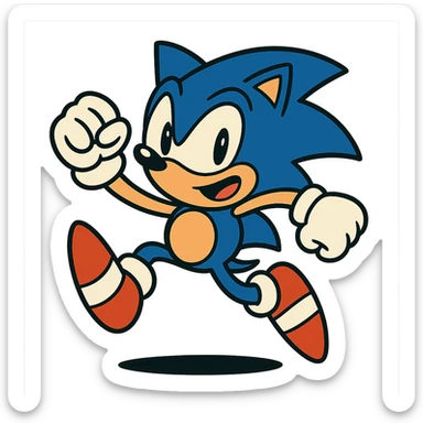 Sonic the Hedgehog, blue cartoon hedgehog with red shoes, energetic pose, vibrant style sticker