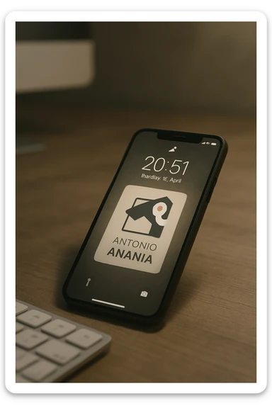 A photo of an iPhone with the message "Antonio Anania" on its screen, The phone sits atop a desk with a blurred background that suggests work environment. A faint glow from above casts gentle shadows across the surface of each object, creating depth and highlighting their textures. sticker
