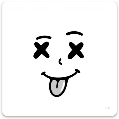 A hand-drawn face with X eyes and tongue out sticker