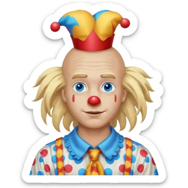 clown boy with messy very long long blonde hair blue eyes, designer shirt and hair pins sticker