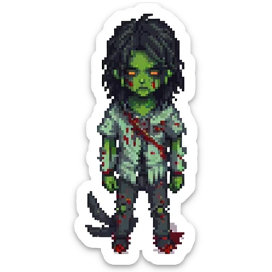 boy zombie with long black wolf cut hair, pixel art style sticker