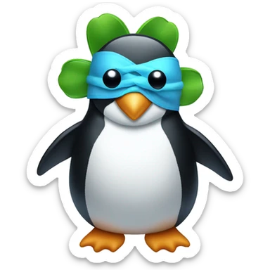 penguin holding a four leaf clover with a blue sleep mask on its head  sticker