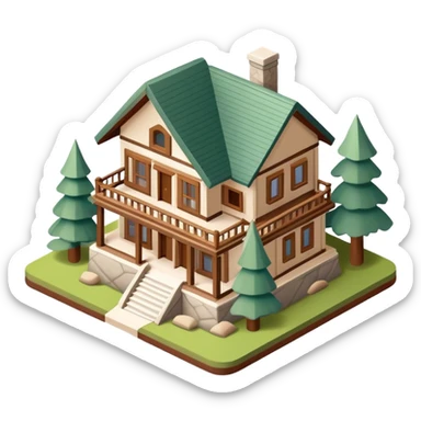 National Parks lodge, isometric dollhouse-style, realistic sticker