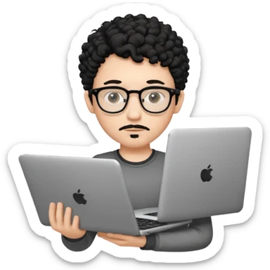 A young boy DEVELOPER WITH A laptop, black curly short hair, wearing glasses, a thin goatee, his skin is white sticker