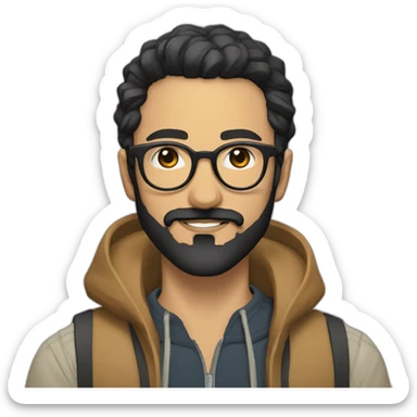 Arabic man, very short black hair, round hipster glasses, dark beard and mustache, round-ish face, brown eyes, beautiful smile, beautiful clothes inspired by neo tokyo sticker