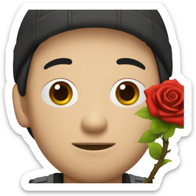 an asian man with a "D" written cap holds a black rose sticker