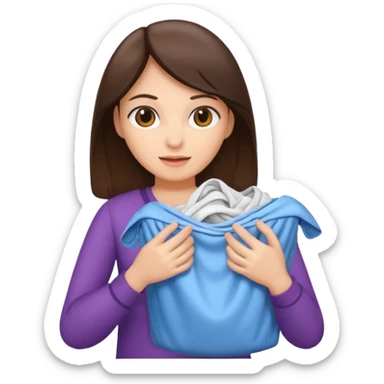 brunette woman holding laundry sticker