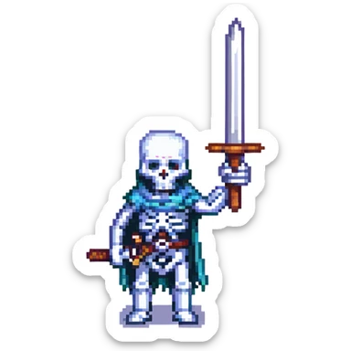 skeleton holding a sword, pixel art style, classic video game look sticker