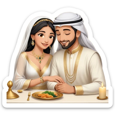 intimate moment a Arab couple at candlelit dinner. The woman, dressed in a sophisticated white gown with delicate jewelry, smiles as her partner, wearing a traditional black and gold bisht with a white ghutra, leans in to whisper or kiss her cheek. Their hands are gently intertwined on the table,M sticker