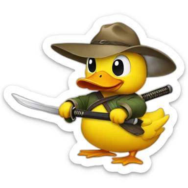 A yellow duck with a katana sticker