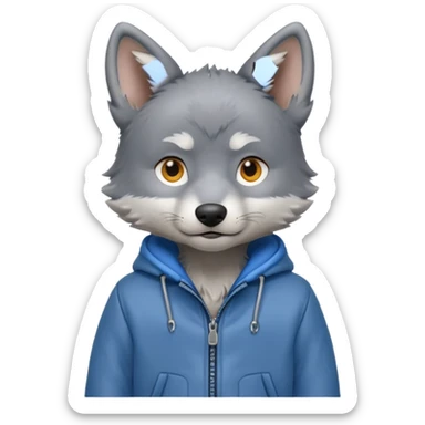 Wolf pup with soft fur and alert ears, jacket, half body, standing sticker