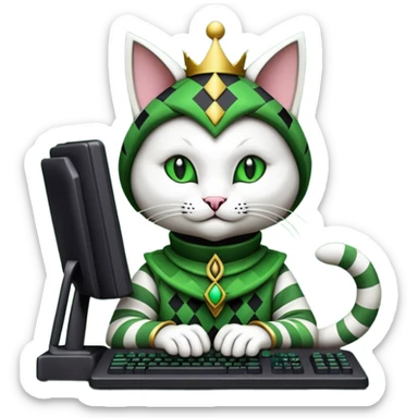 mac os icon code computer retro terminal, black, green white, fantasy court jester cat draw as ASCII GREEN code inside the terminal sticker