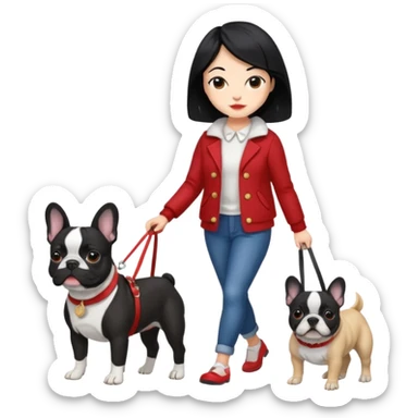 Mujer de pelo negro paseando un bulldog francés  sticker