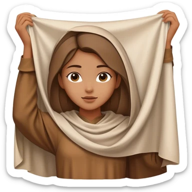 girl in brown tunic holding up a large piece of white cloth lying down, medieval age sticker